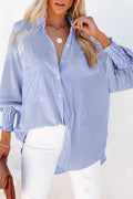 Blue Stripe Striped Casual Shirred Cuffs Shirt