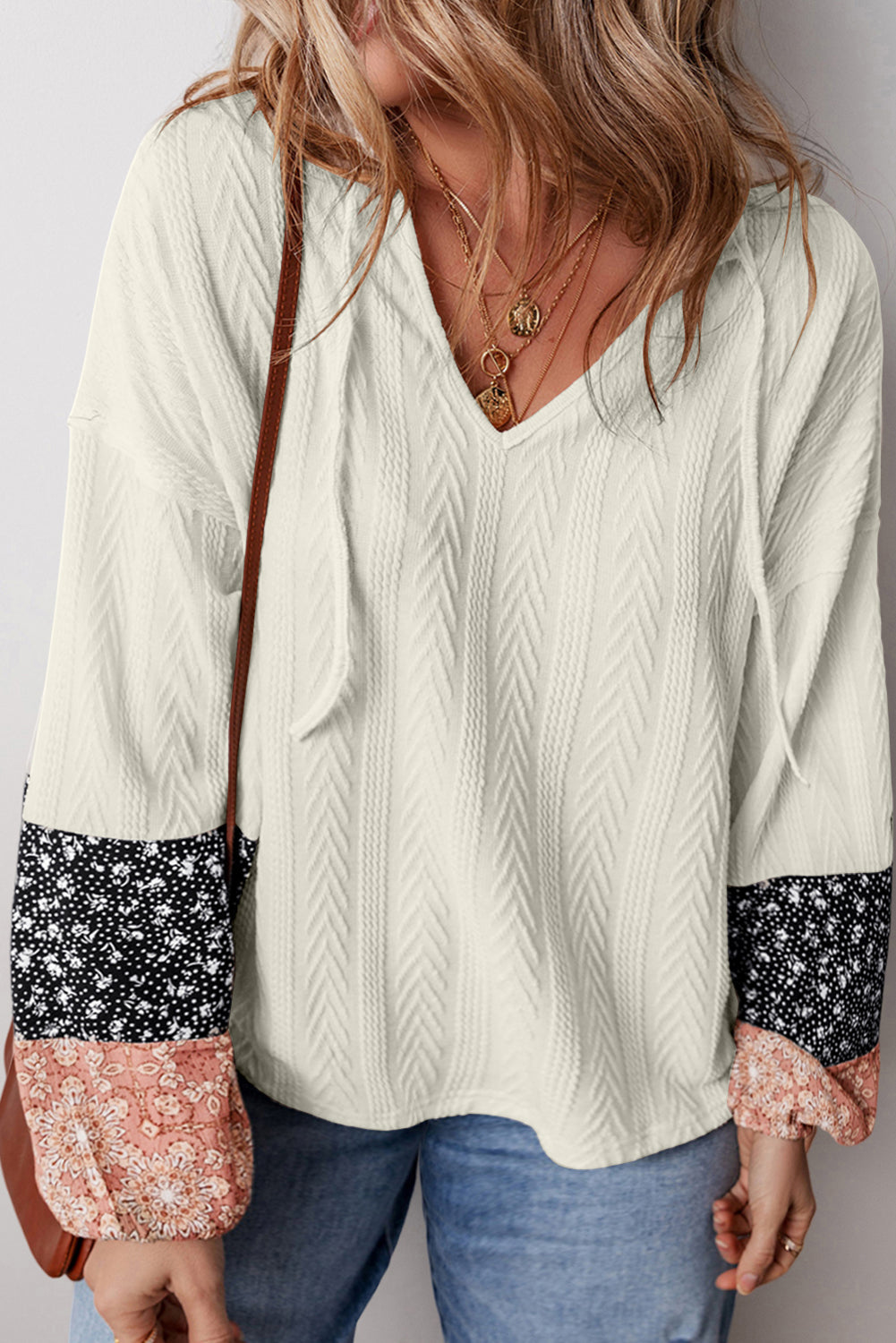 Dusty Pink Floral Patchwork Textured Knit Drawstring V Neck Blouse