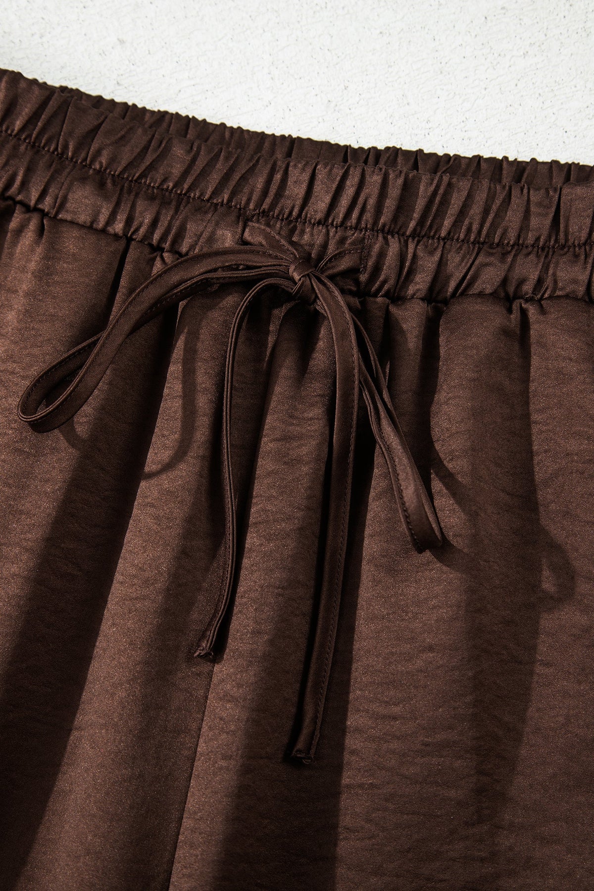 Dark Brown Braided V Neck Long Sleeve Loose Top and Drawstring High Waist Pants 2pcs Outfit