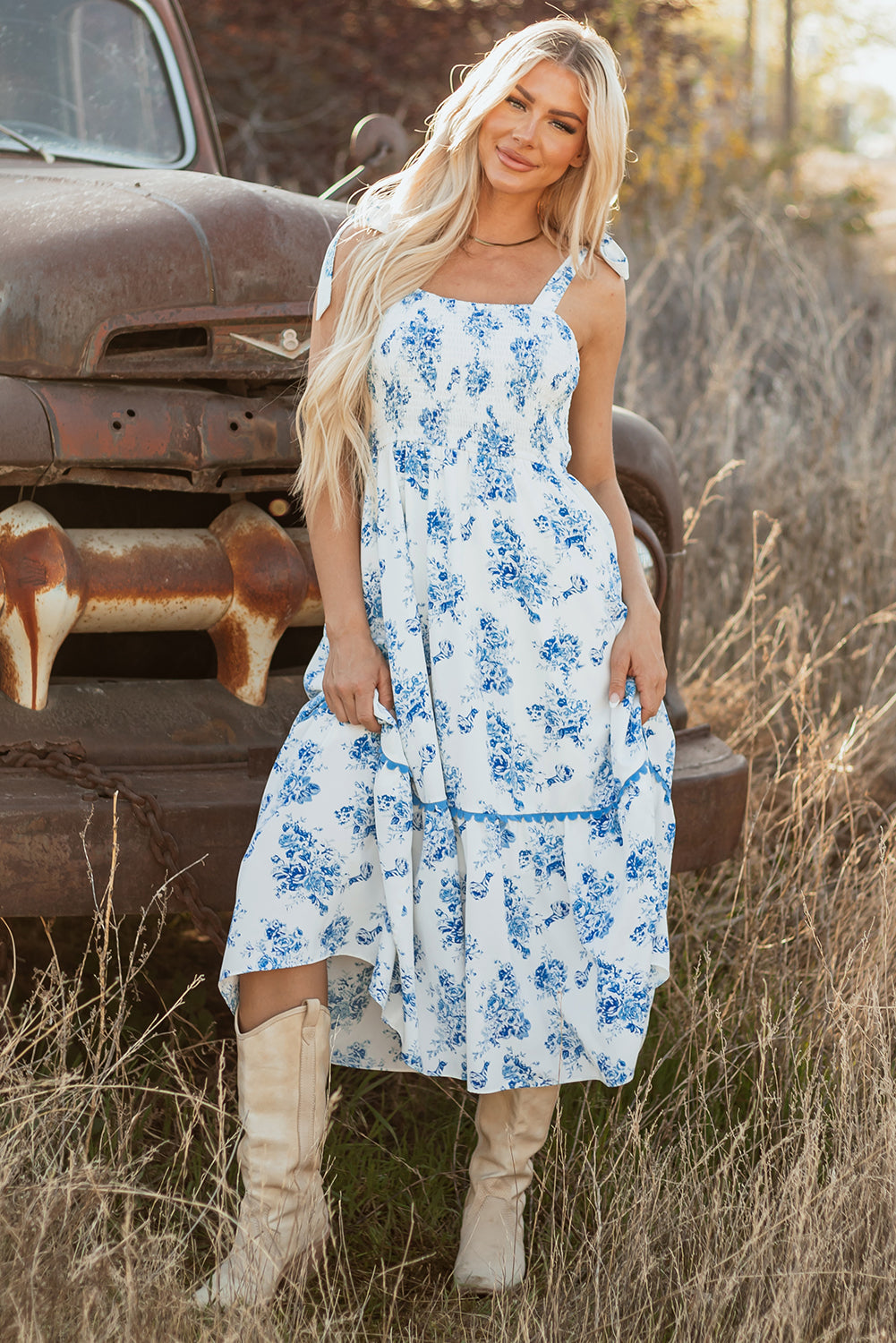 Sky Blue Floral Print Shirred Knot Shoulder Sleeveless Long Dress