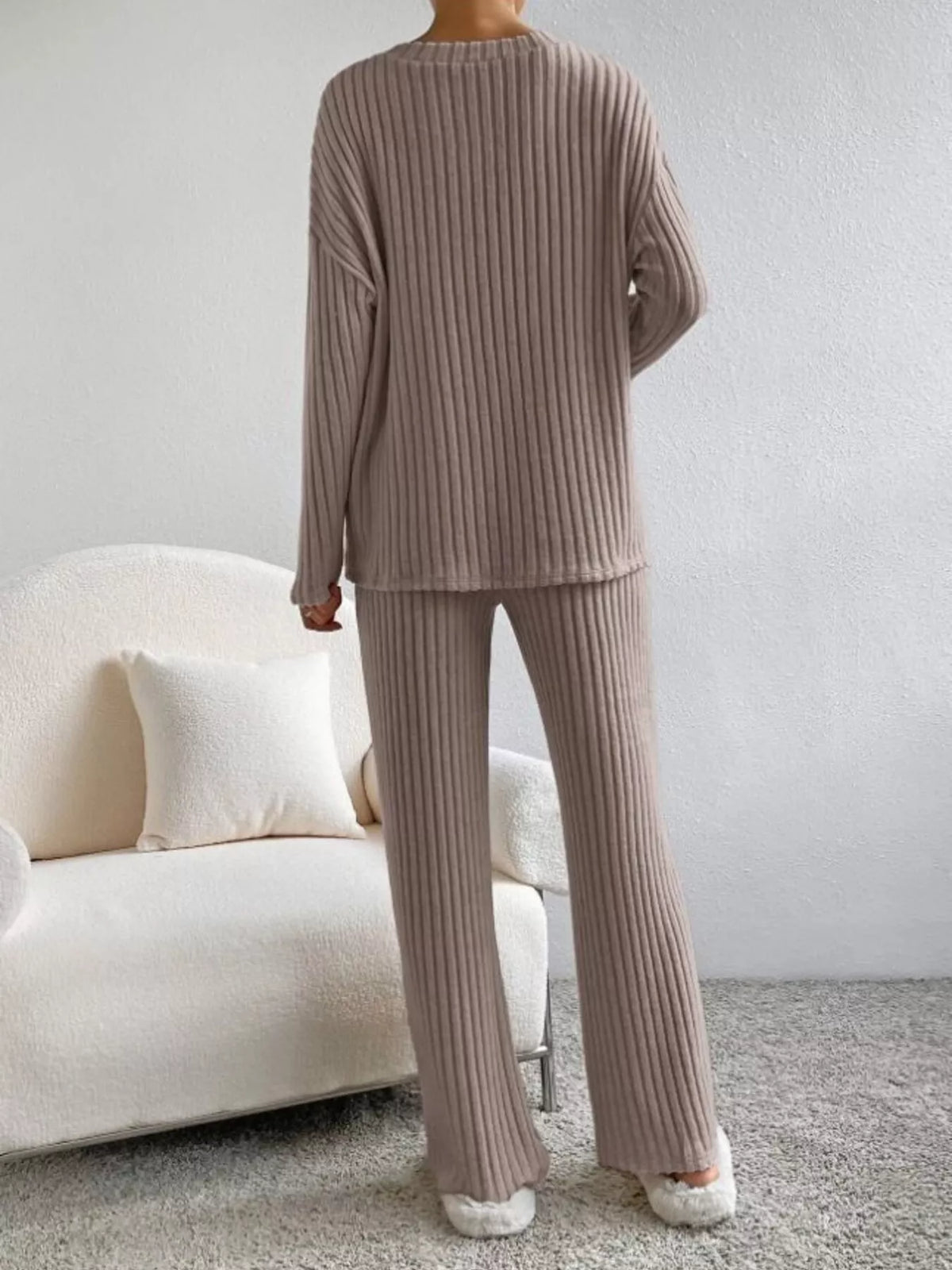 Ribbed Knit V-Neck Top and Pants Set