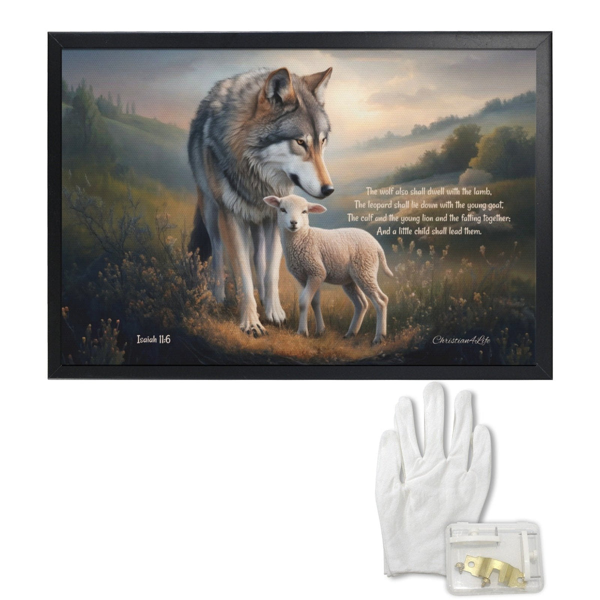 Framed - Wolf and Lamb with Isaiah 11:6 Quote, Christian Canvas, Black Frame