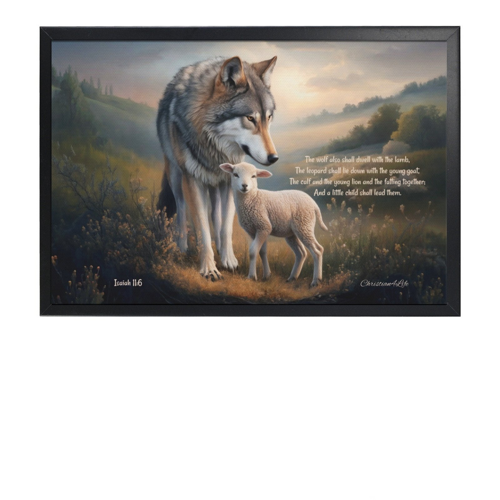 Framed - Wolf and Lamb with Isaiah 11:6 Quote, Christian Canvas, Black Frame