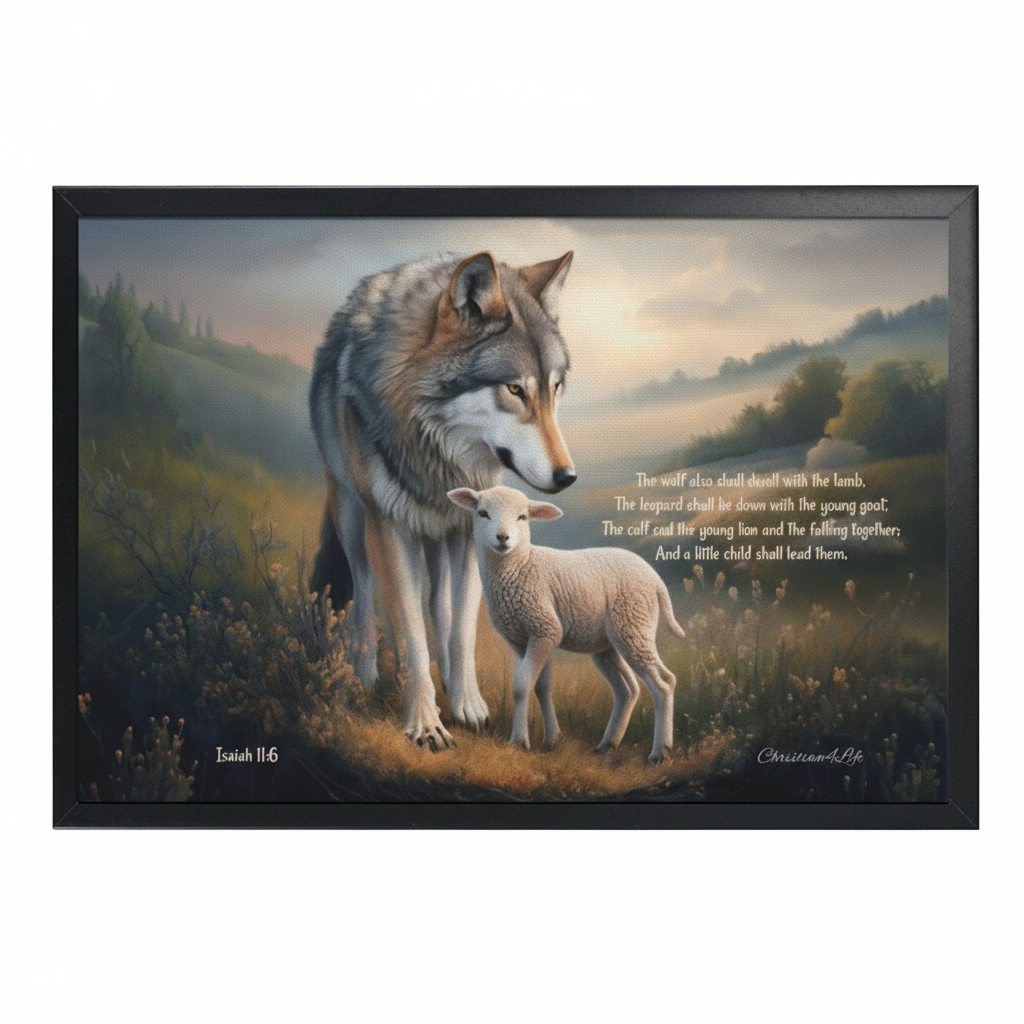 Framed - Wolf and Lamb with Isaiah 11:6 Quote, Christian Canvas, Black Frame