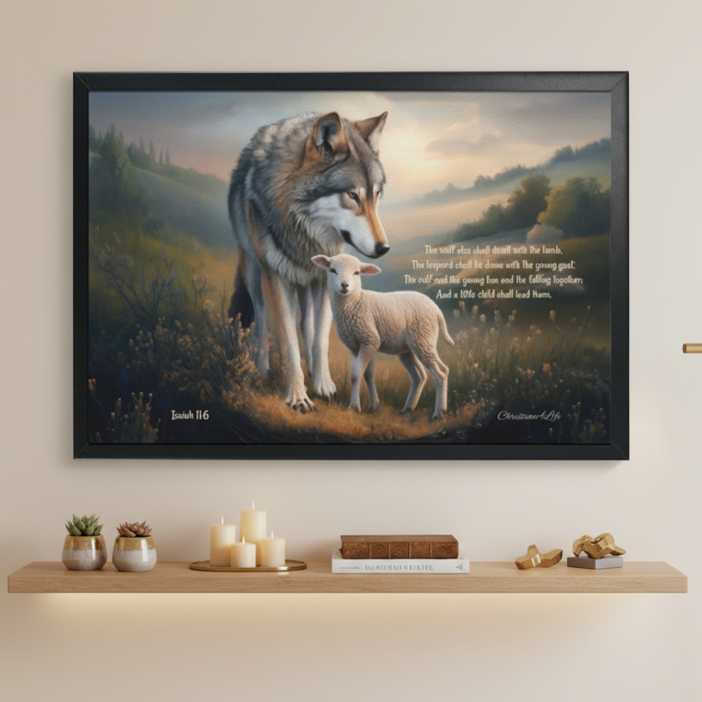 Framed - Wolf and Lamb with Isaiah 11:6 Quote, Christian Canvas, Black Frame