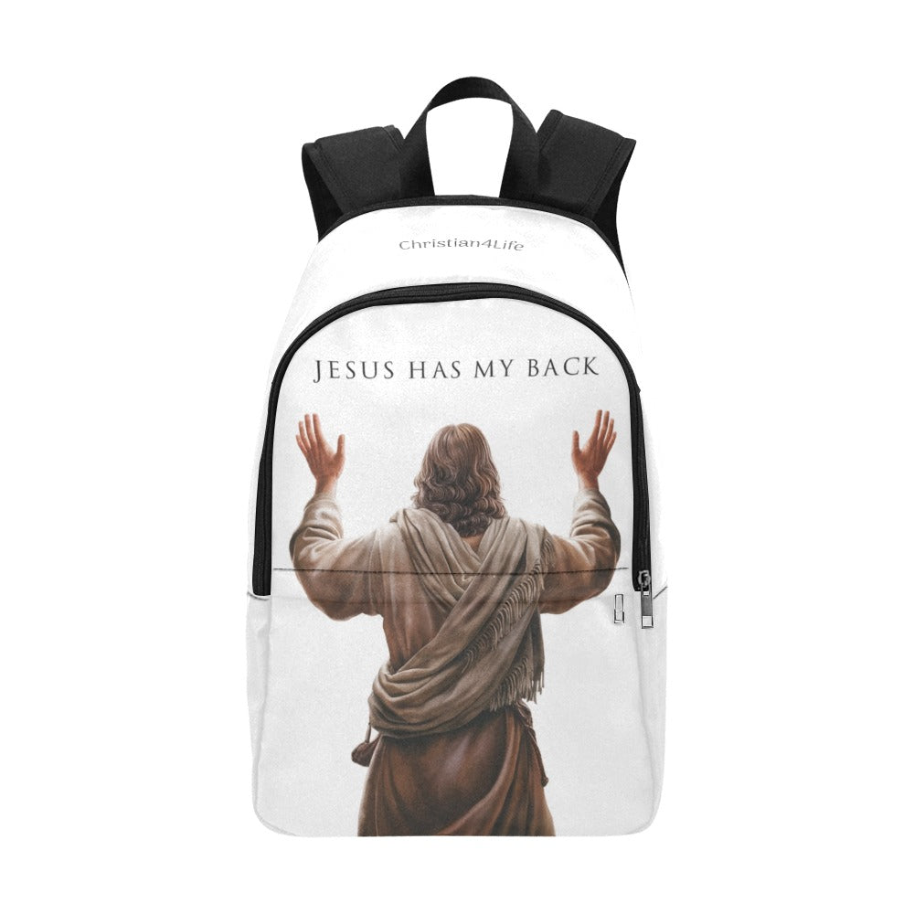 "Jesus Has My Back" Graphic design Christian Backpack (white)