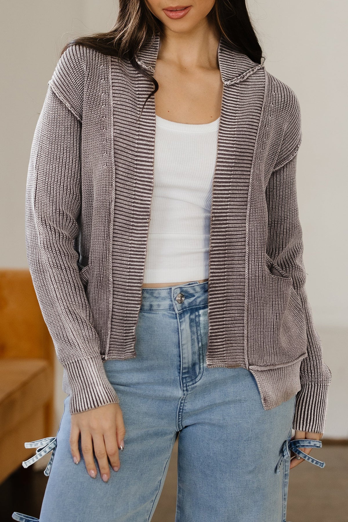 Chestnut Mineral Wash Exposed Seam Patchwork Knit Open Sweater Cardigan