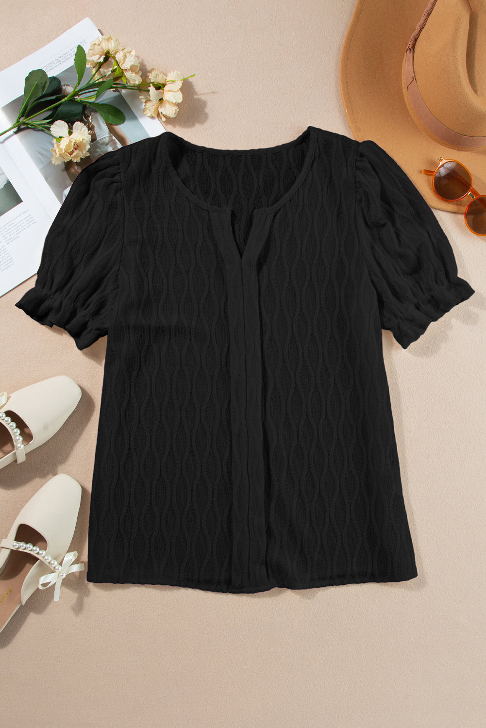 Beau Blue Solid Color Textured Notched Neck Puff Sleeve Blouse