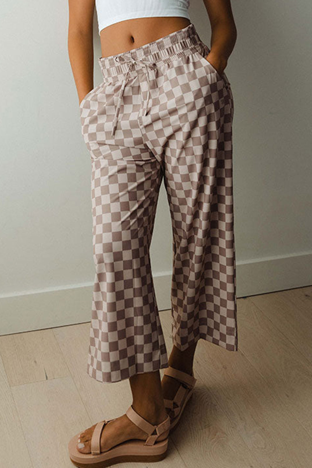 Khaki Tie Elastic Waist Checkered Loose Pants