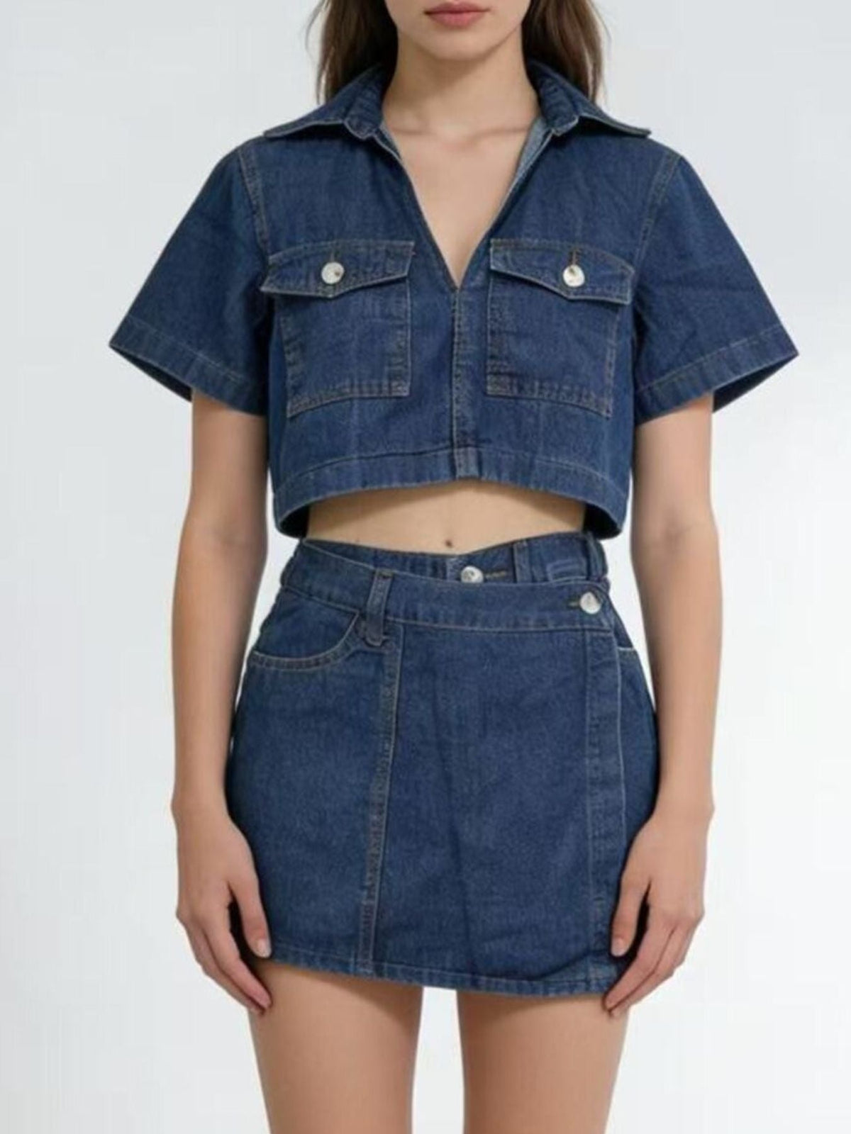 Short Sleeve Cropped Top and Skort Denim Set