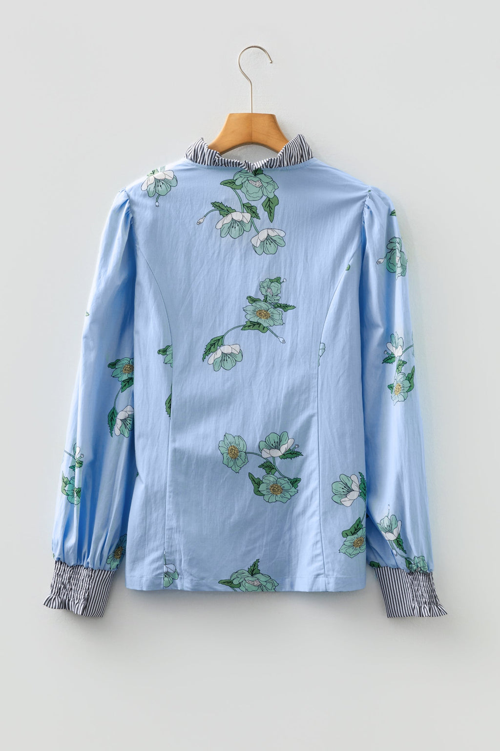 Sky Blue Floral Print Contrast Striped Trim Ruffled V Neck Fall Blouse