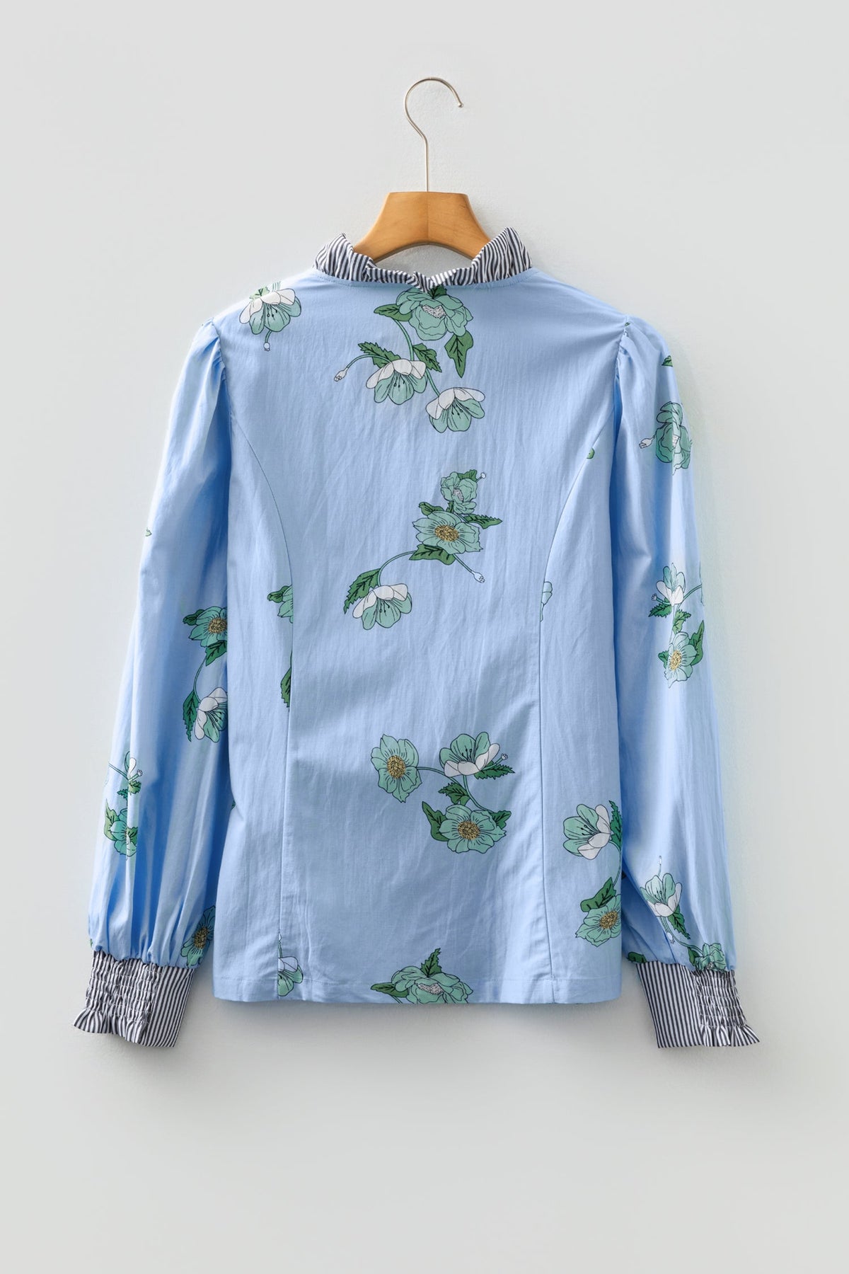 Sky Blue Floral Print Contrast Striped Trim Ruffled V Neck Fall Blouse