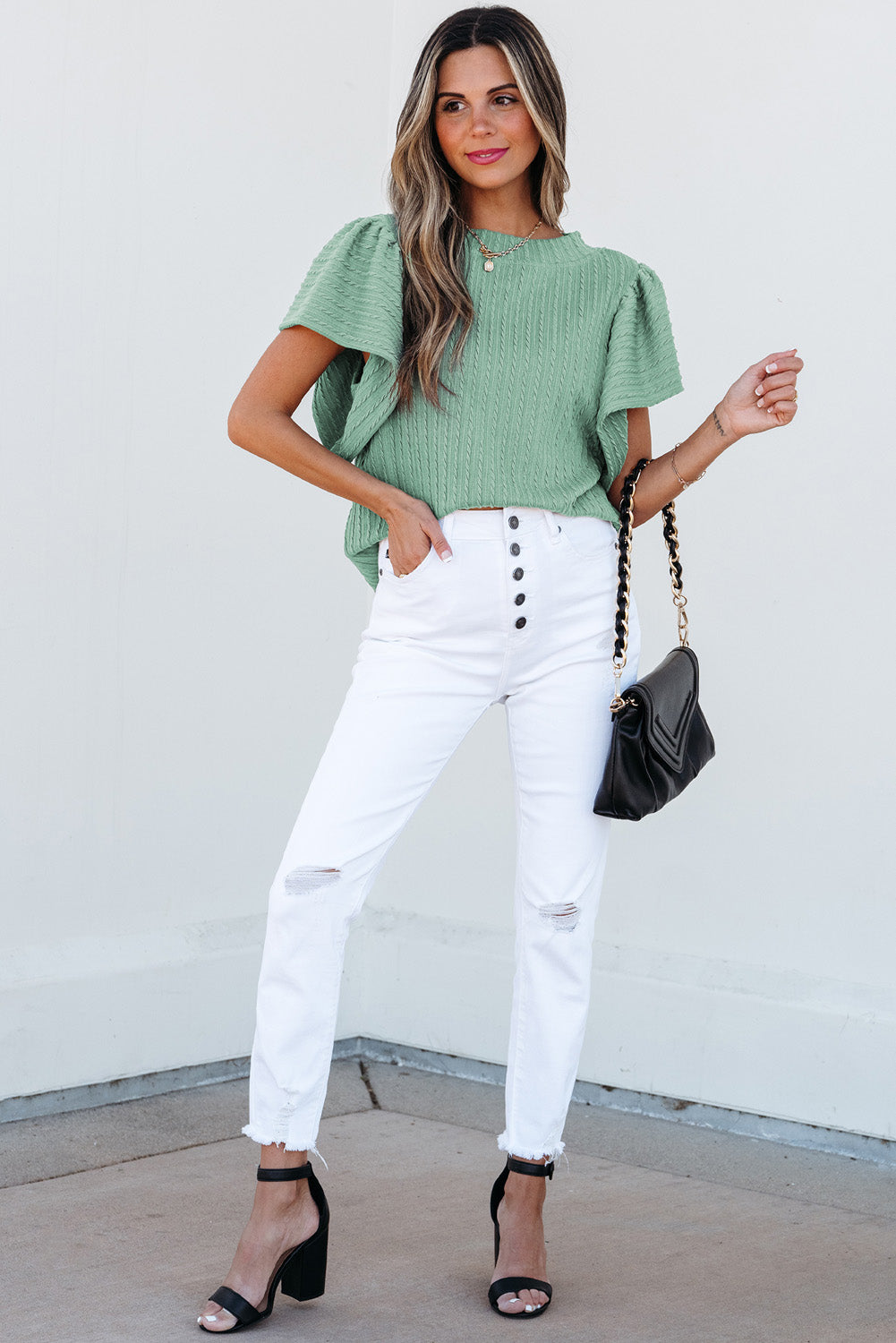 Moonlight Jade Solid Color Textured Flutter Sleeve Top