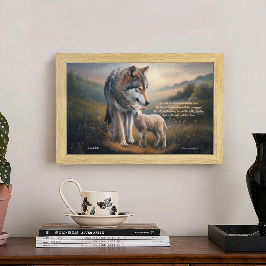 Framed - Wolf and Lamb with Isaiah 11:6 Quote, Christian Canvas, Wooden Frame