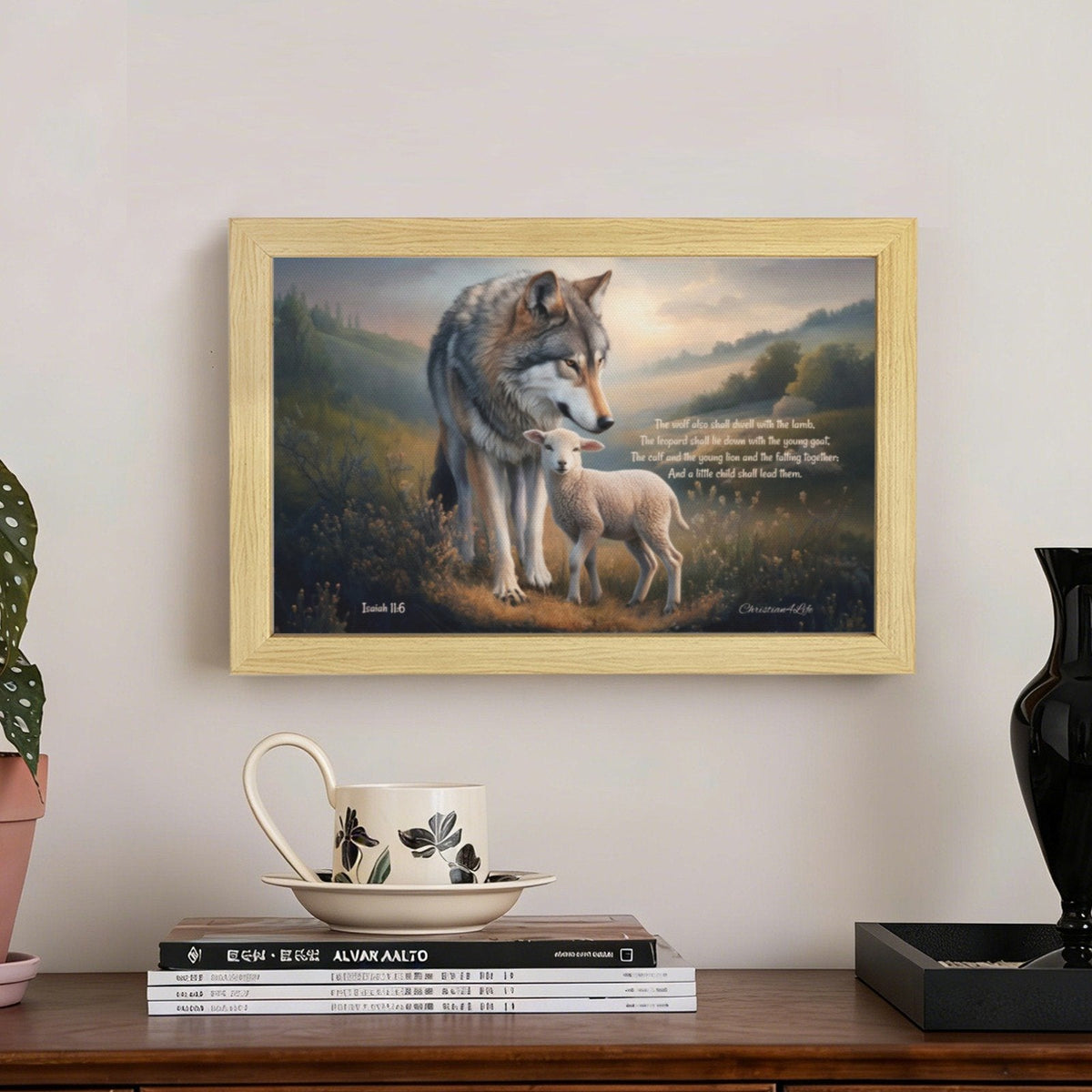Framed - Wolf and Lamb with Isaiah 11:6 Quote, Christian Canvas, Wooden Frame