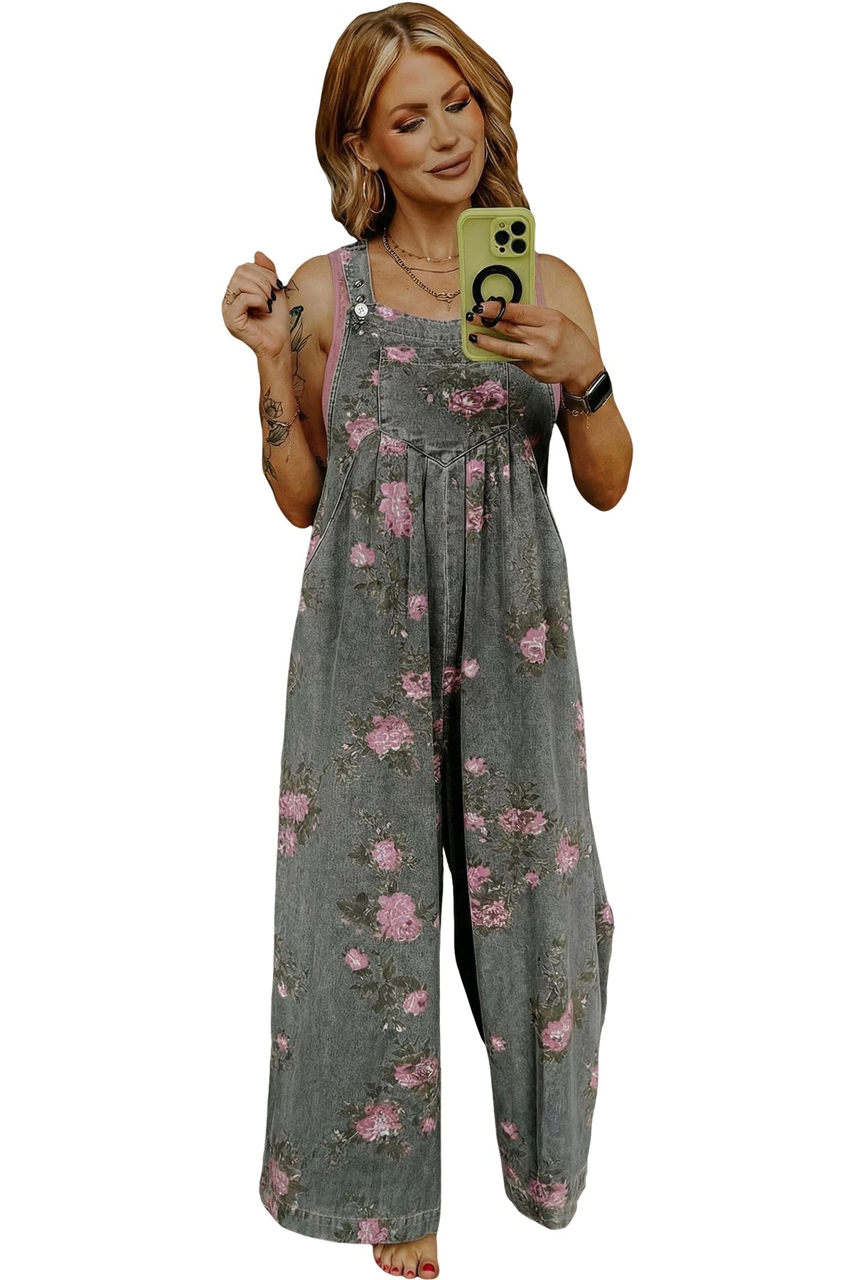 Beau Blue Floral Print Pleated High Waist Wide Leg Denim Jumpsuit