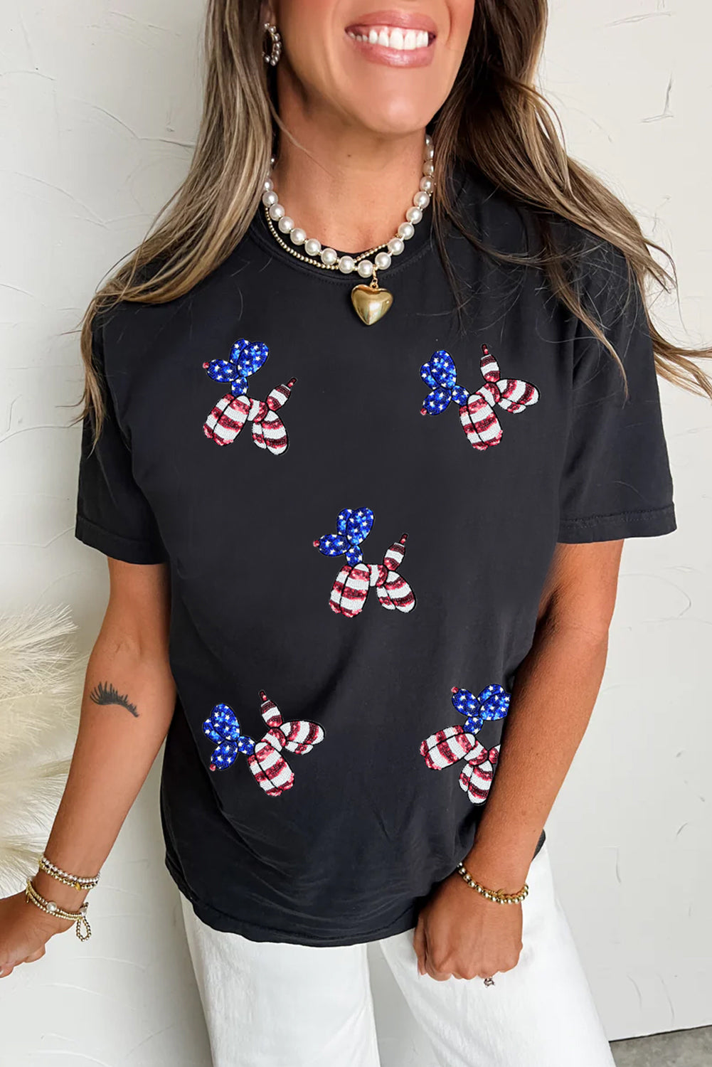 Black Patriotic Sequin Balloon Puppy Graphic Crewneck Tee