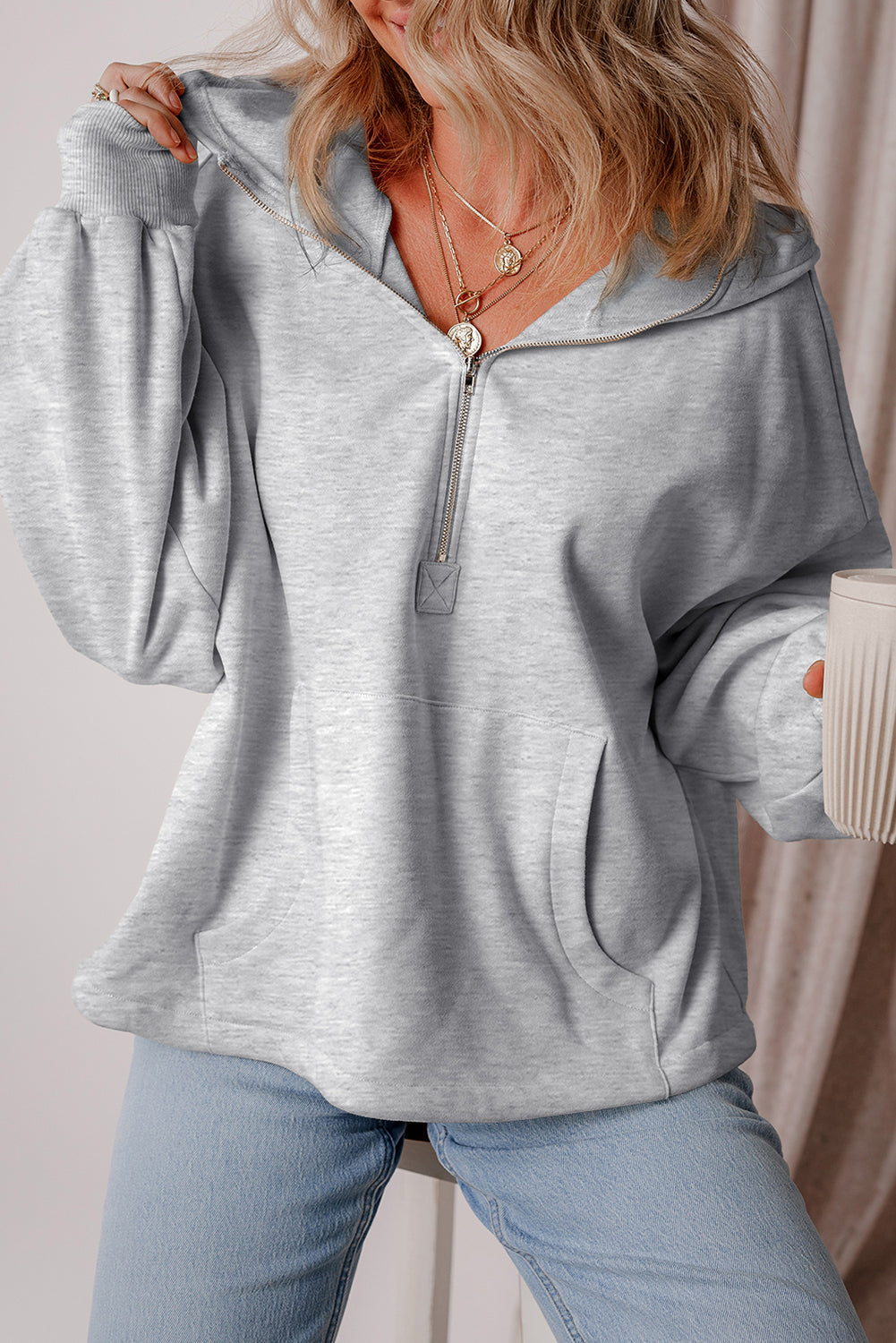 Orange Half Zipper Kangaroo Pockets Drop Shoulder Hoodie