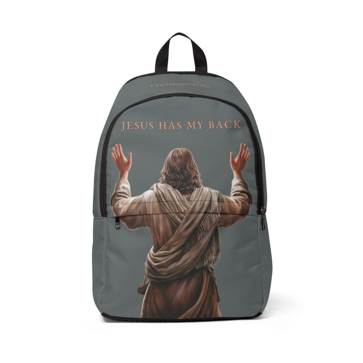 "Jesus Has My Back" Graphic design Christian Backpack (Choose Grey Shade)