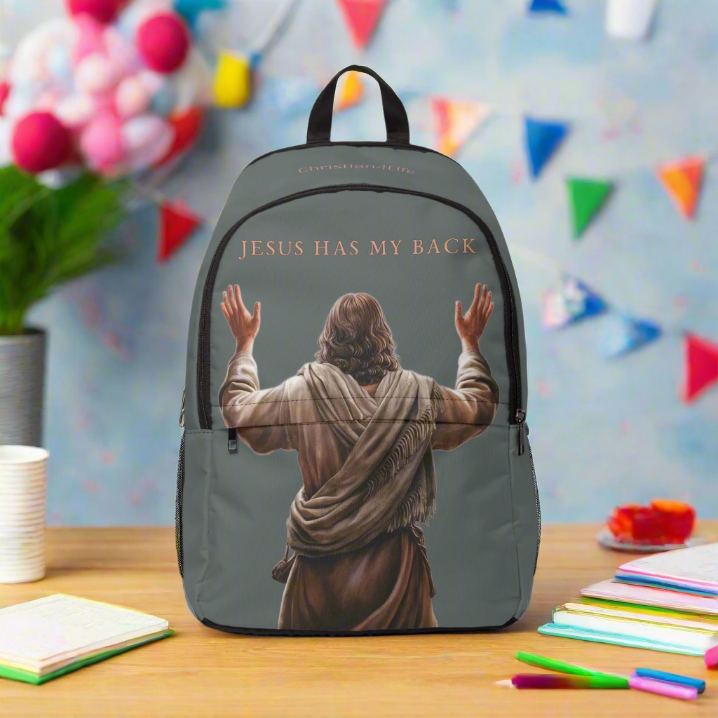"Jesus Has My Back" Graphic design Christian Backpack (Choose Grey Shade)