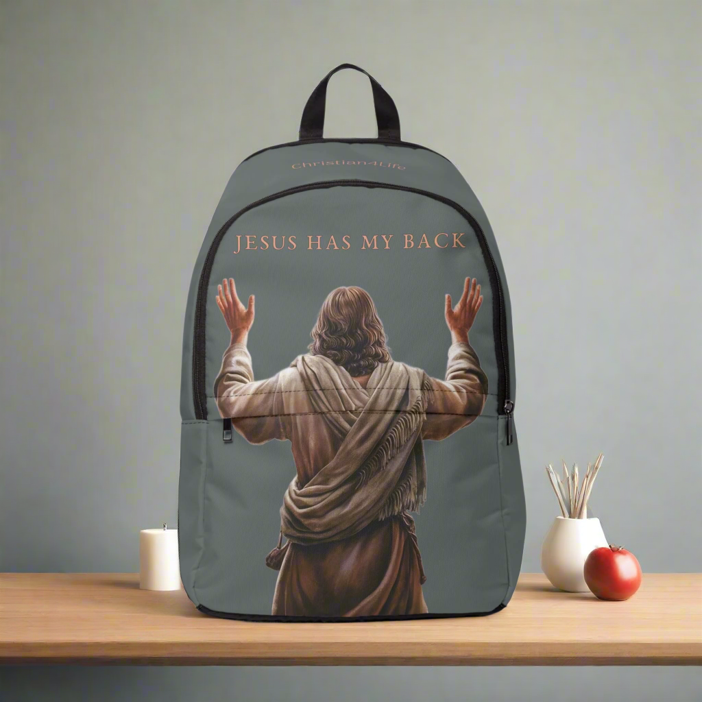 "Jesus Has My Back" Graphic design Christian Backpack (Choose Grey Shade)