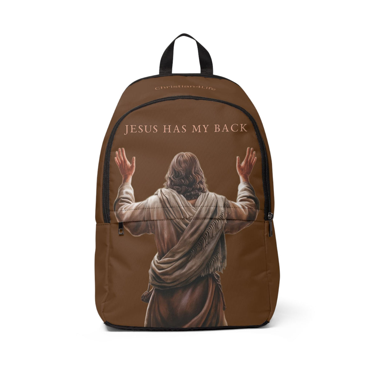 "Jesus Has My Back" Graphic design Christian Backpack (Choose Brown Shade)