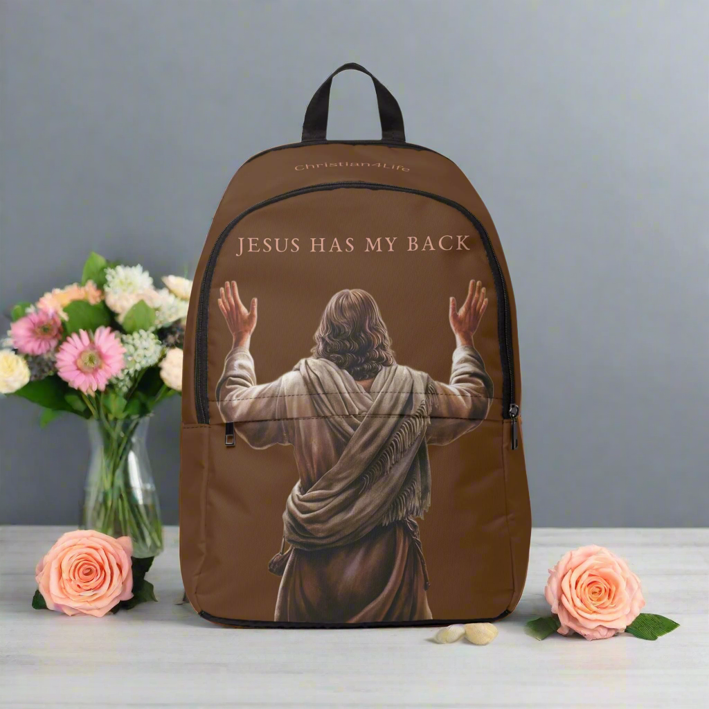 "Jesus Has My Back" Graphic design Christian Backpack (Choose Brown Shade)