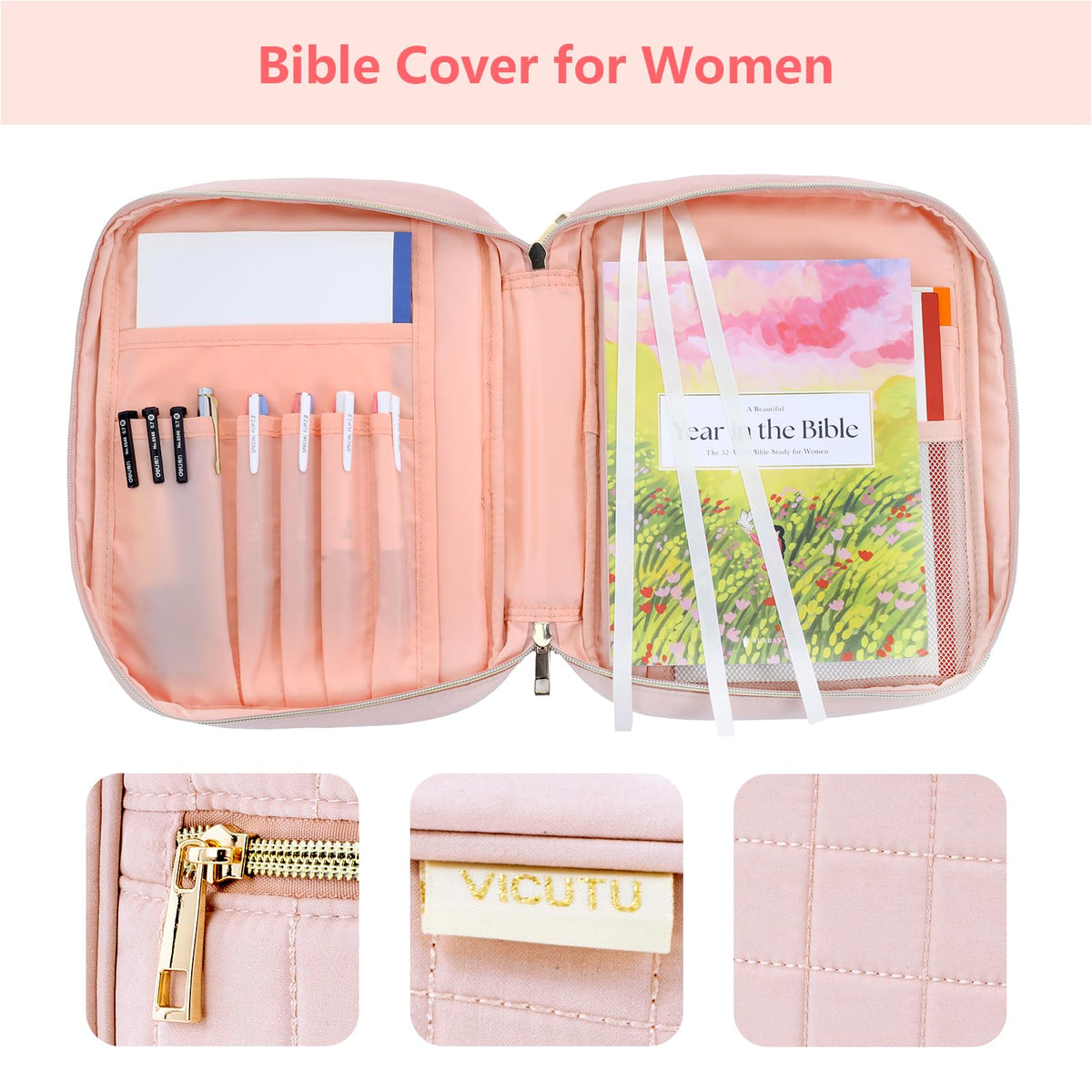 VICUTU Bible Cover Case for Women with Handle Pink Soft Quilted Carrying Bag