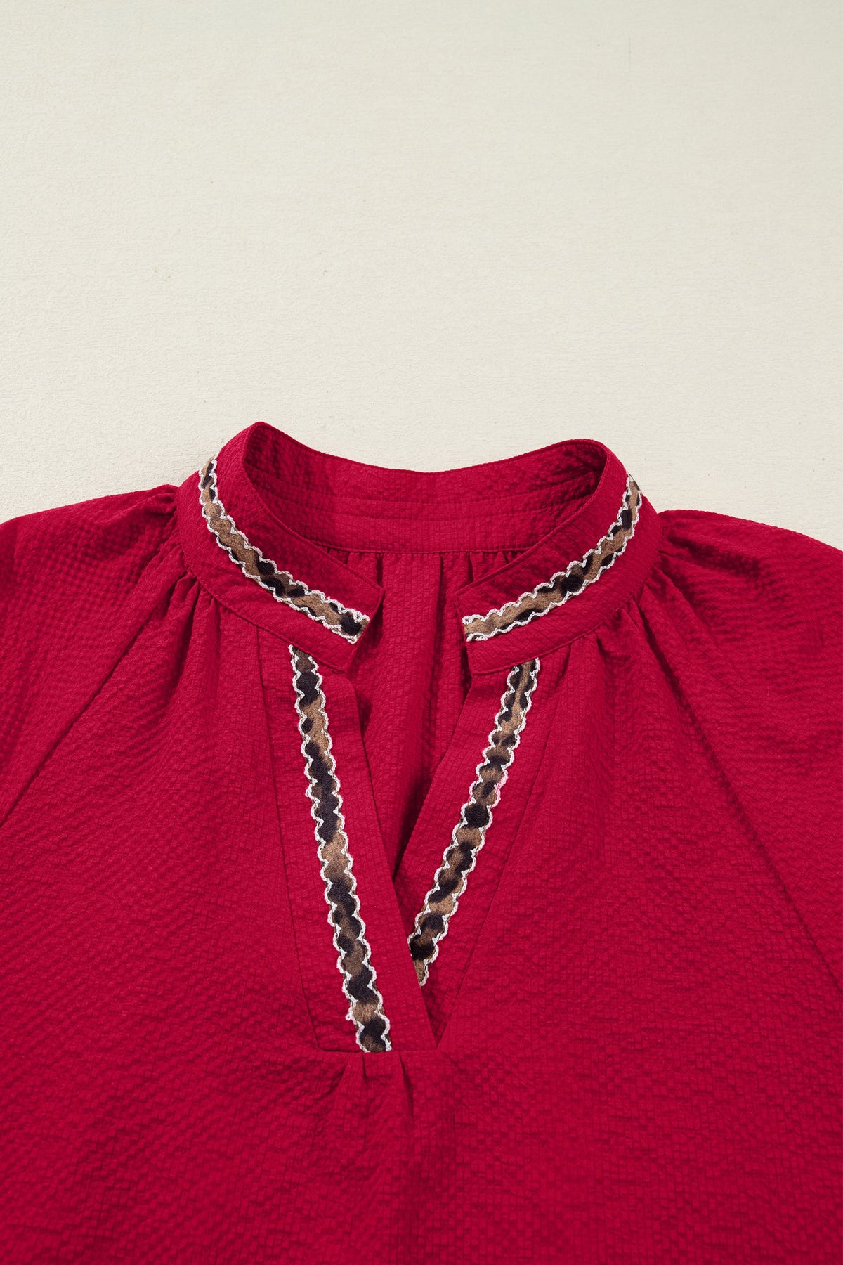 Racing Red Leopard Jacquard Print V Neck Textured Blouse