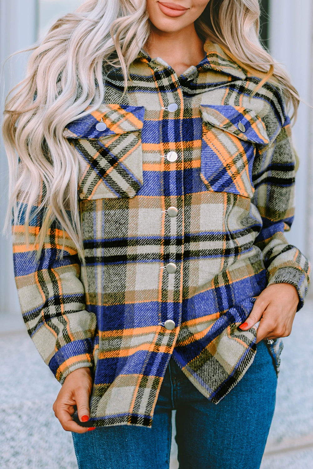 Green Geometric Plaid Print Pocketed Shacket