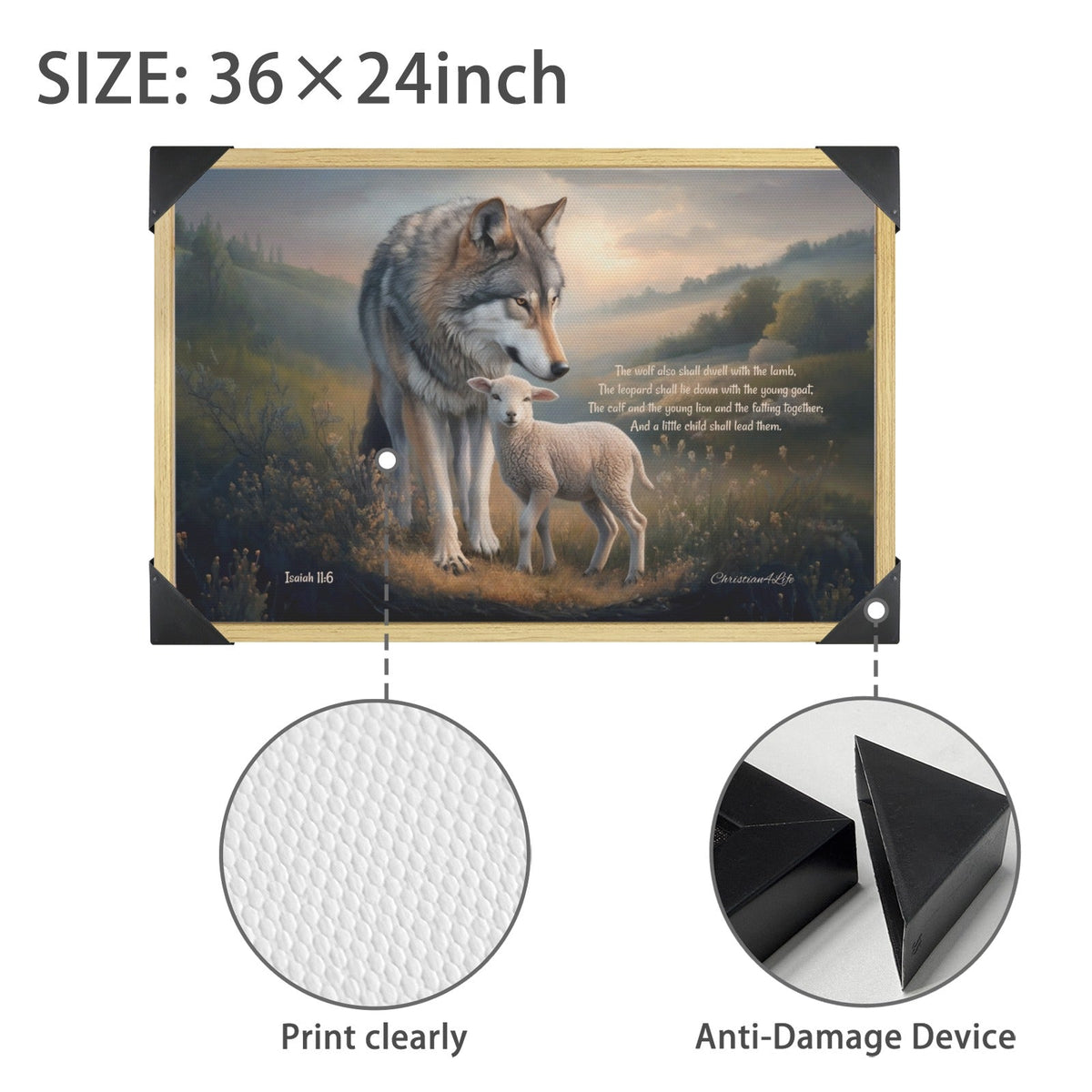Framed - Wolf and Lamb with Isaiah 11:6 Quote, Christian Canvas, Wooden Frame