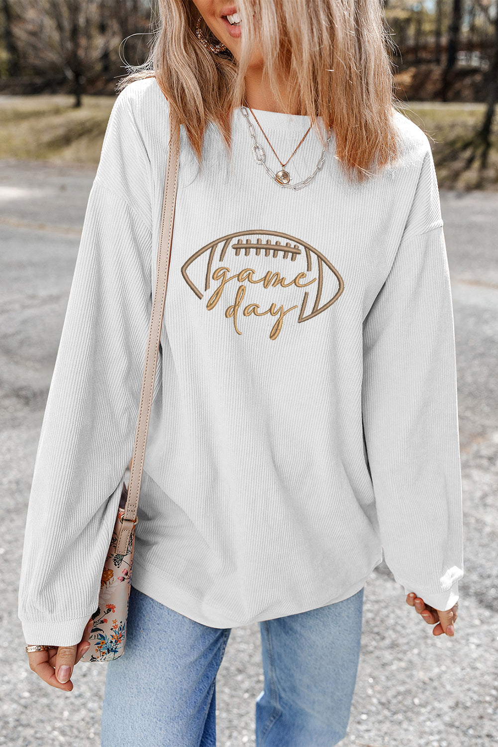 Black Football Graphic Game Day Embroidered Corded Sweatshirt