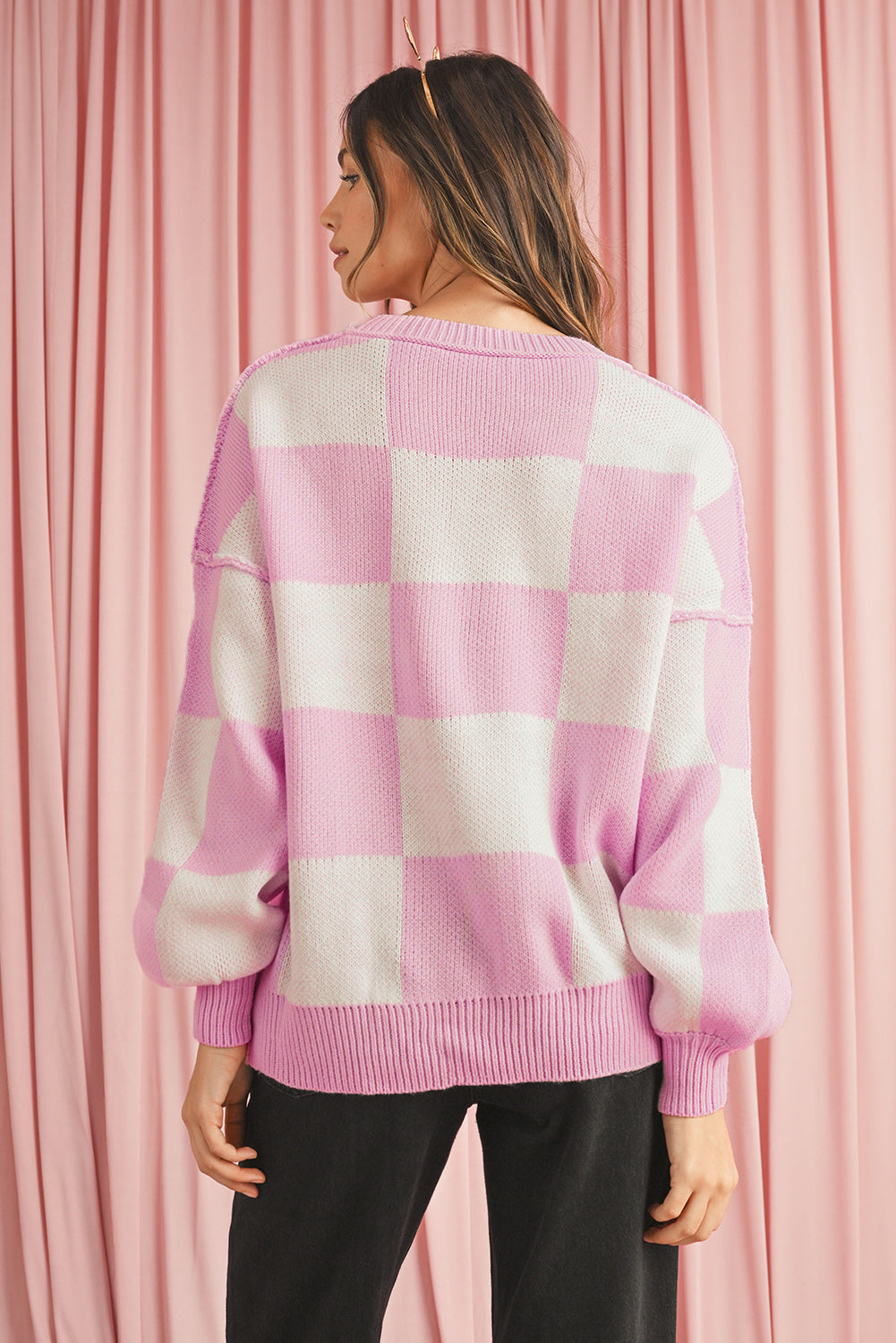 Dark Brown Plaid Bishop Sleeve Pullover Sweater