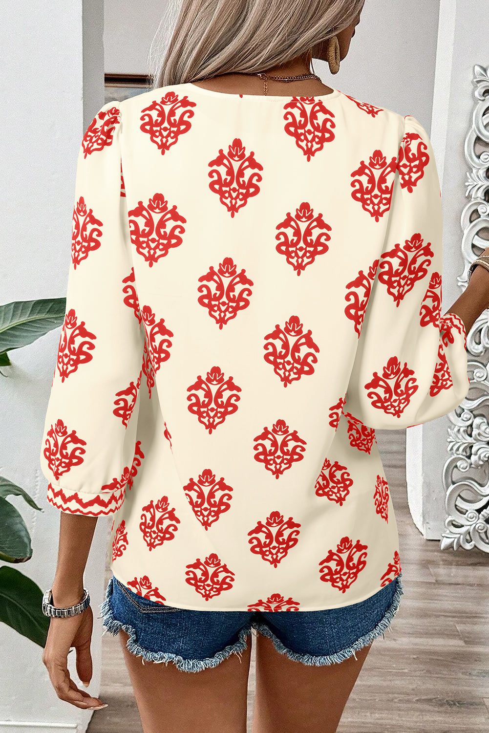 Green Damask Floral Print Contrast V Neck 3/4 Sleeve Blouse