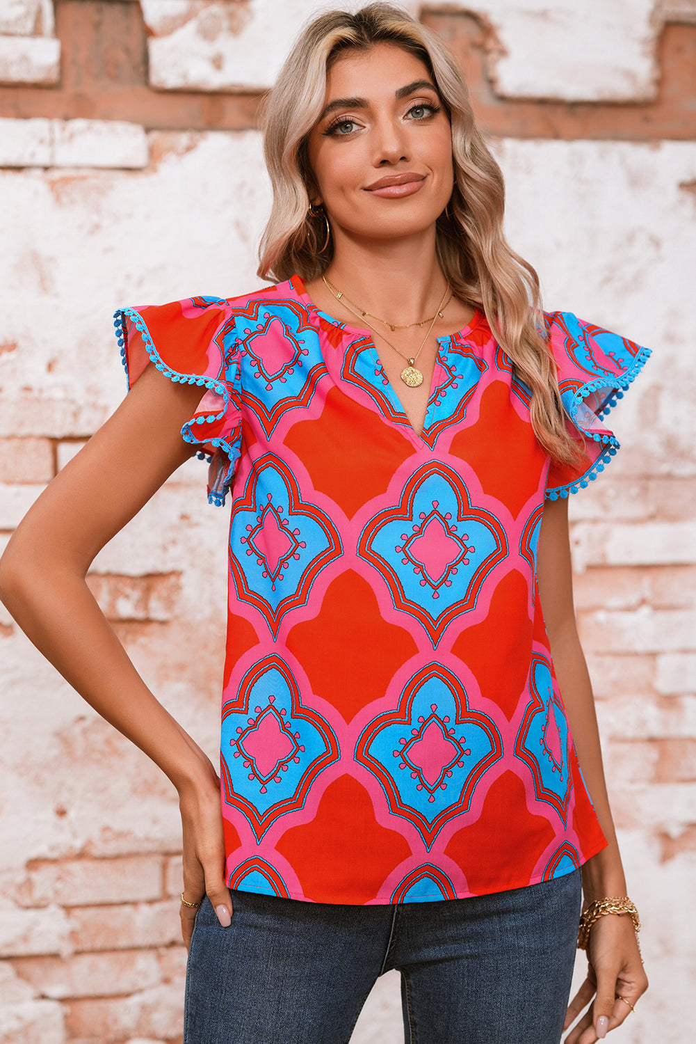 Red Random Abstract Print V Neck Ruffle Shoulder Blouse