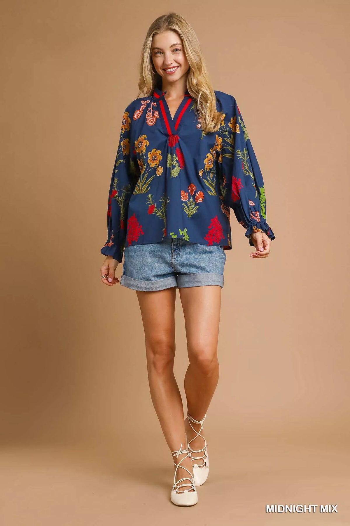 Umgee Floral Print Flounce Sleeve Blouse