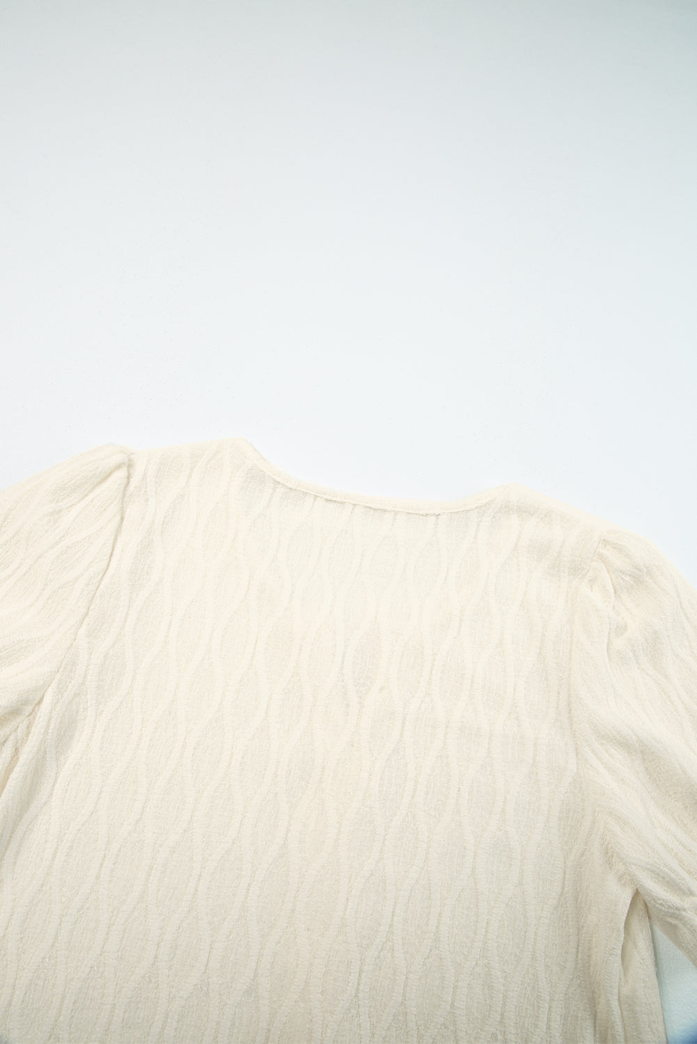 Beau Blue Solid Color Textured Notched Neck Puff Sleeve Blouse