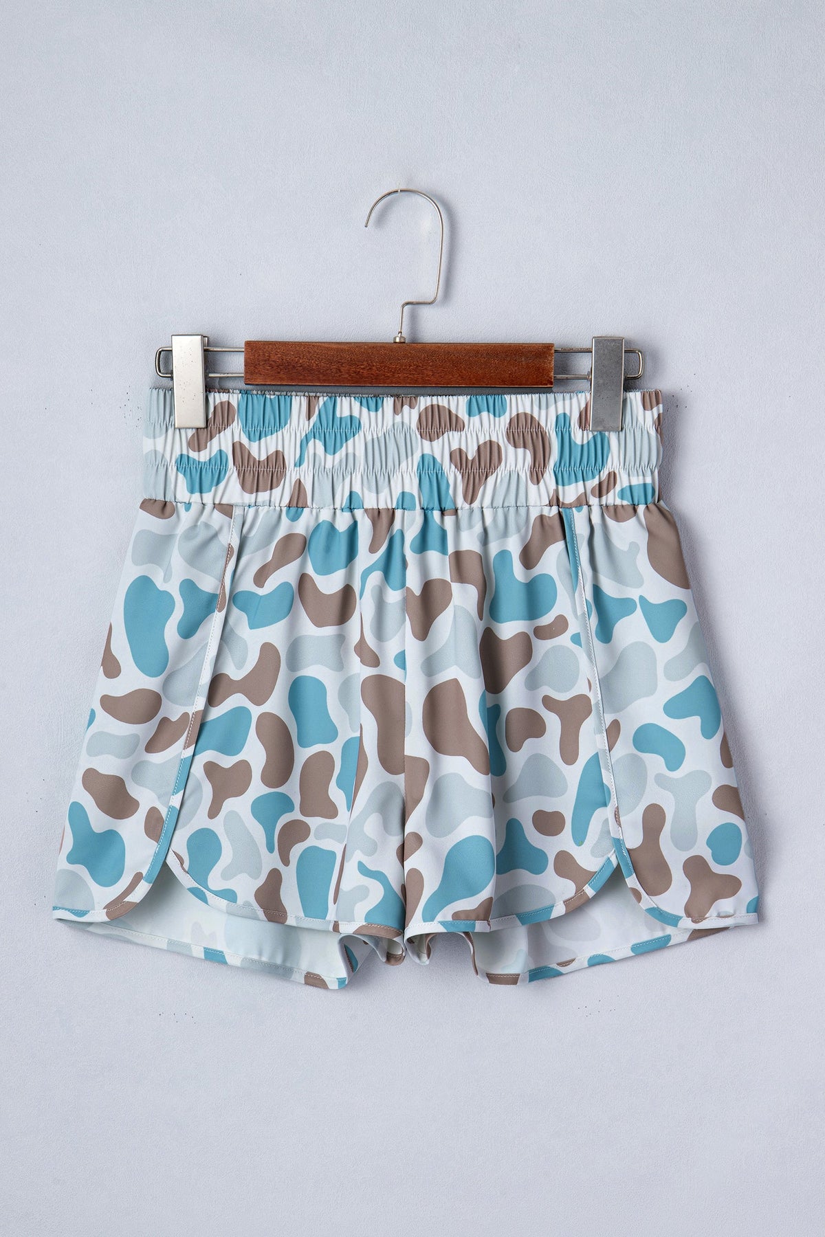 Sky Blue Camouflage Print Shirred High Waist Athleisure Shorts