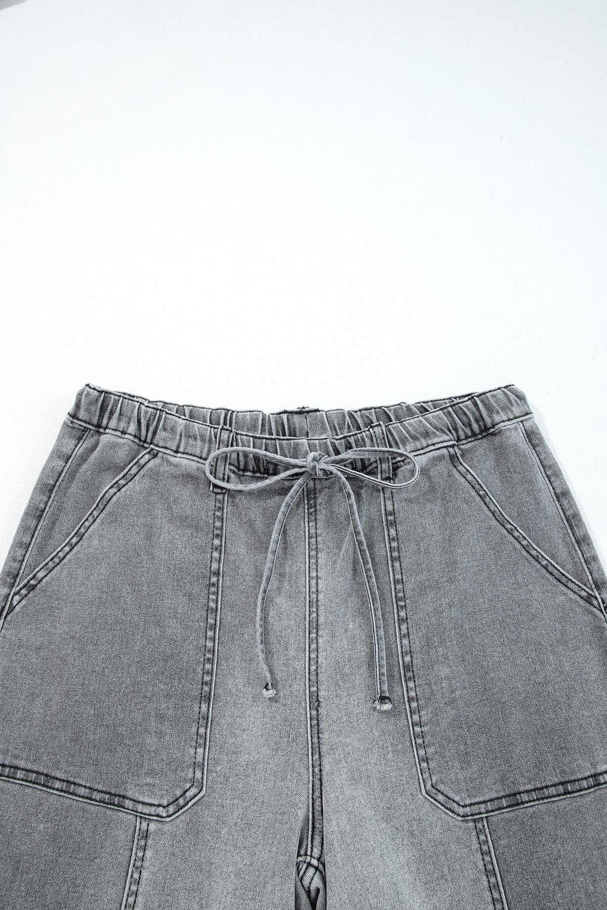 Prussian Blue Drawstring Seam Detail Raw Hem Wide Leg Denim Pants