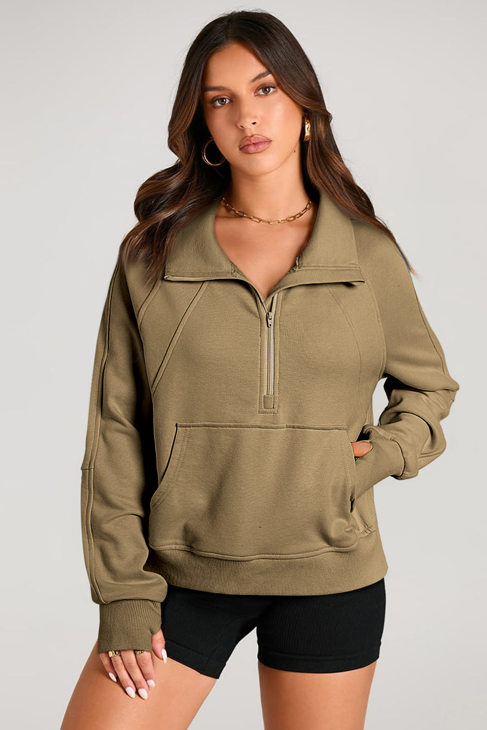 Smoke Green Quarter Zip Stand Neck Kangaroo Pocket Sweatshirt