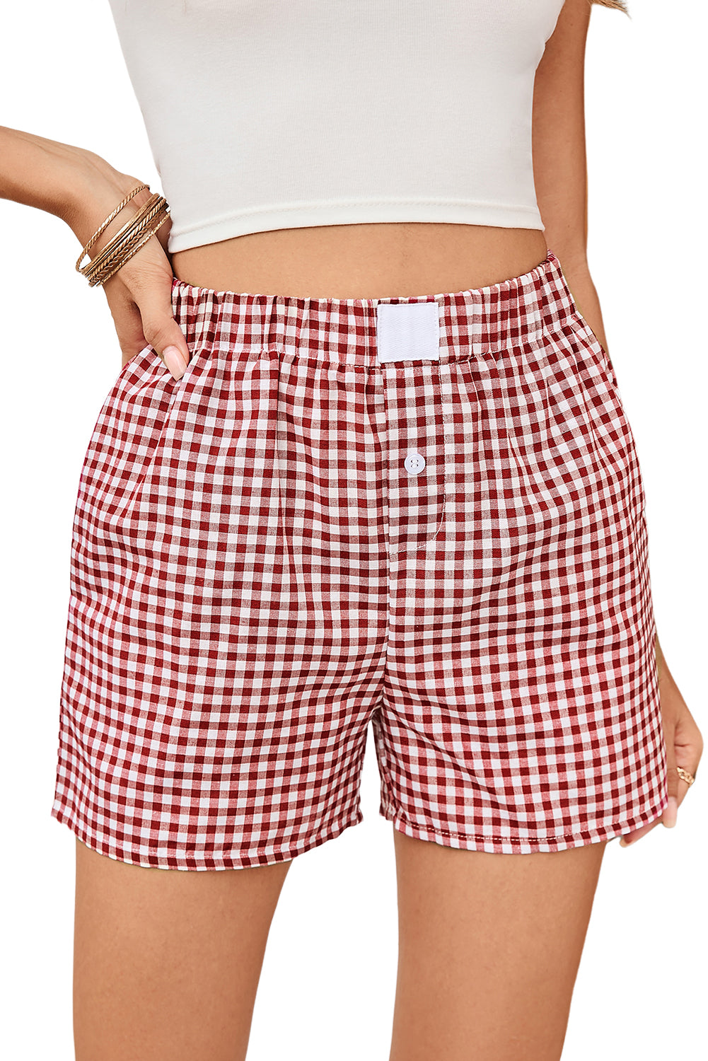 Fern Green Vintage Plaid Print High Waisted Loose Wide Leg Shorts
