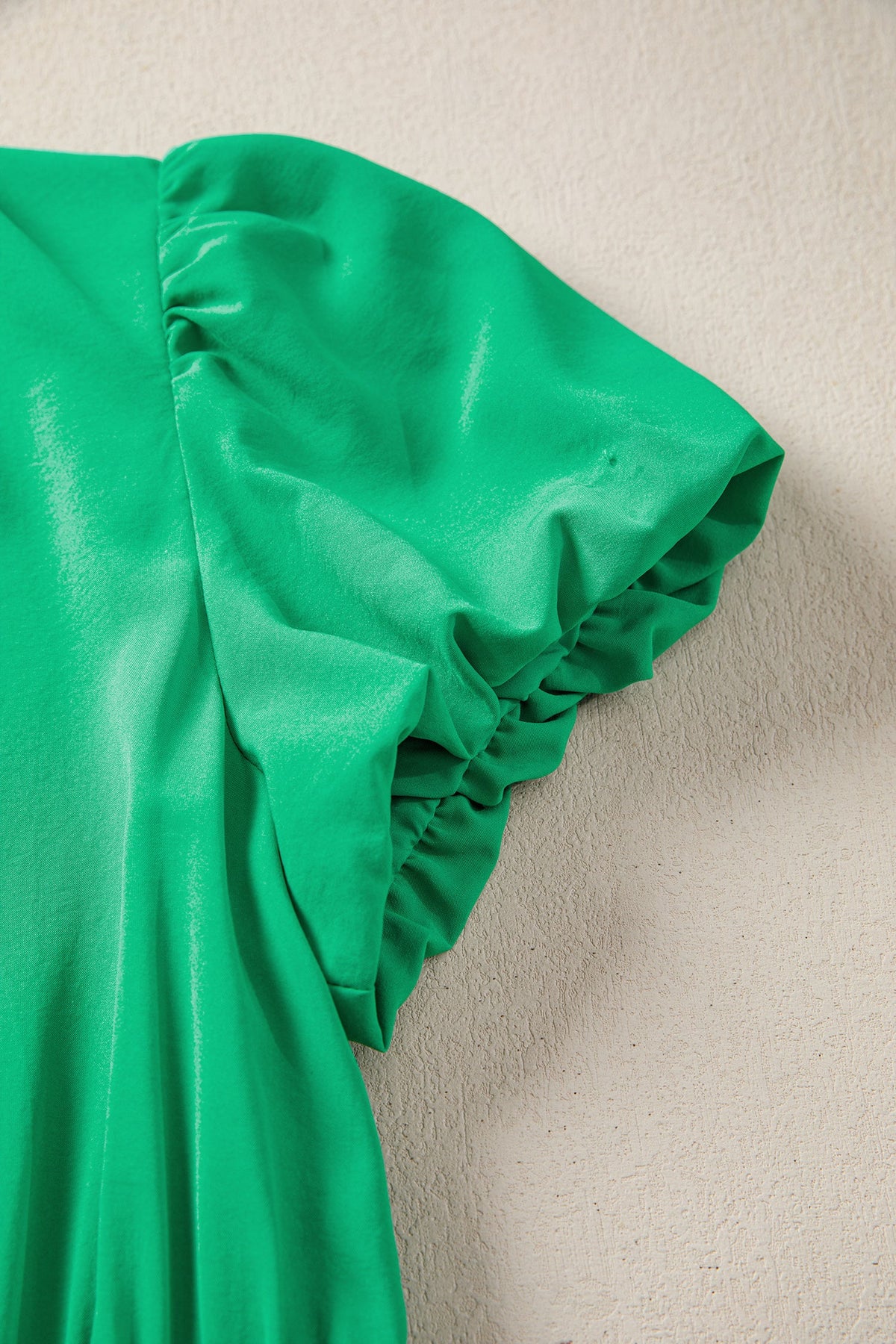 Bright Green Solid Color V Neck Short Puff Sleeve High Waist Tiered Maxi Dress