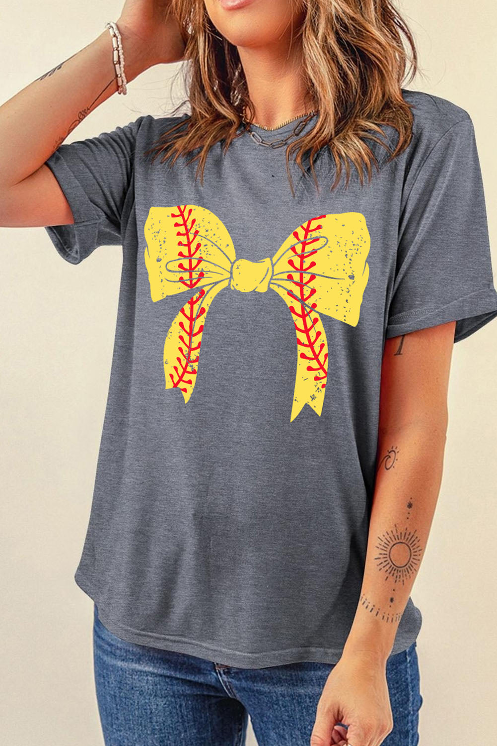 Black Baseball Bowknot Graphic Casual Tee