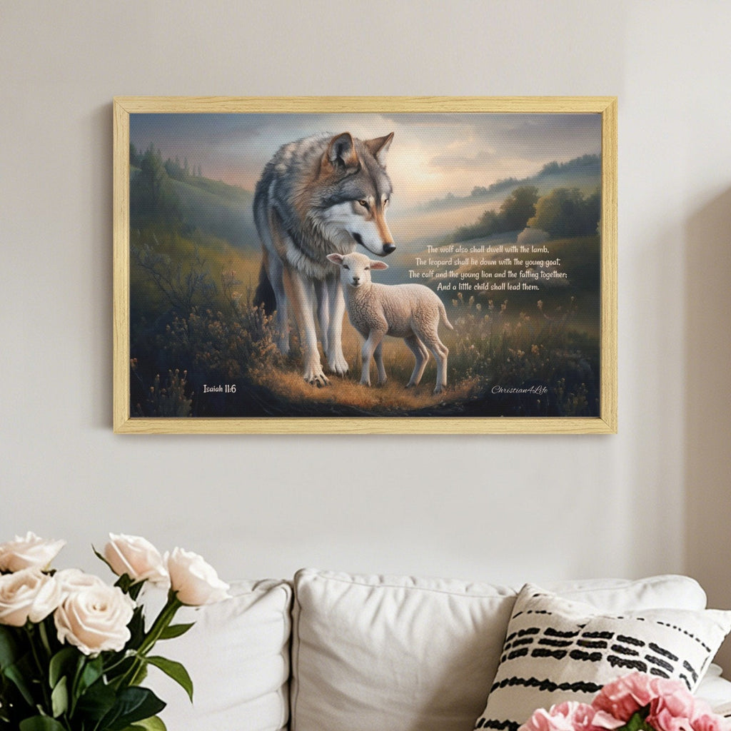 Framed - Wolf and Lamb with Isaiah 11:6 Quote, Christian Canvas, Wooden Frame