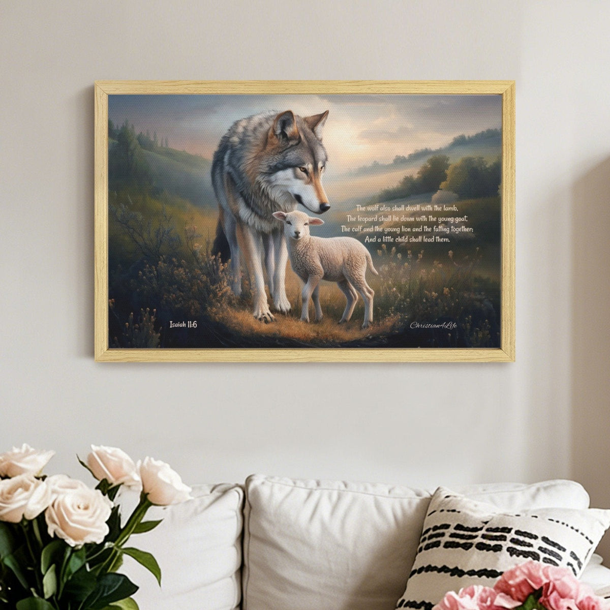 Framed - Wolf and Lamb with Isaiah 11:6 Quote, Christian Canvas, Wooden Frame