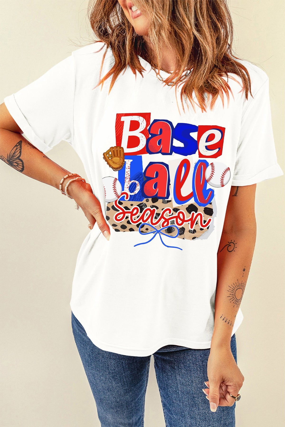 White Baseball Season Playful Printed T Shirt