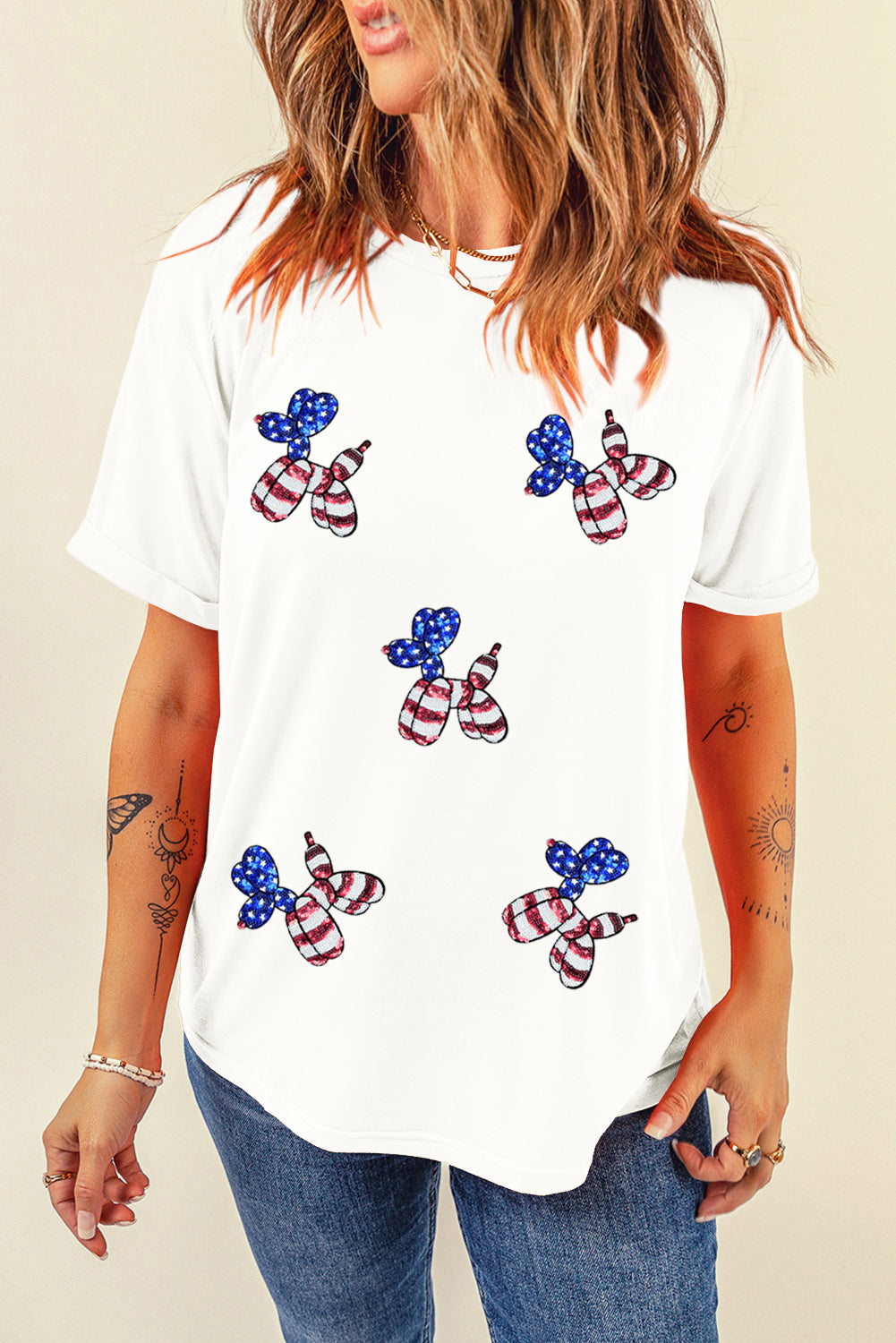 Black Patriotic Sequin Balloon Puppy Graphic Crewneck Tee
