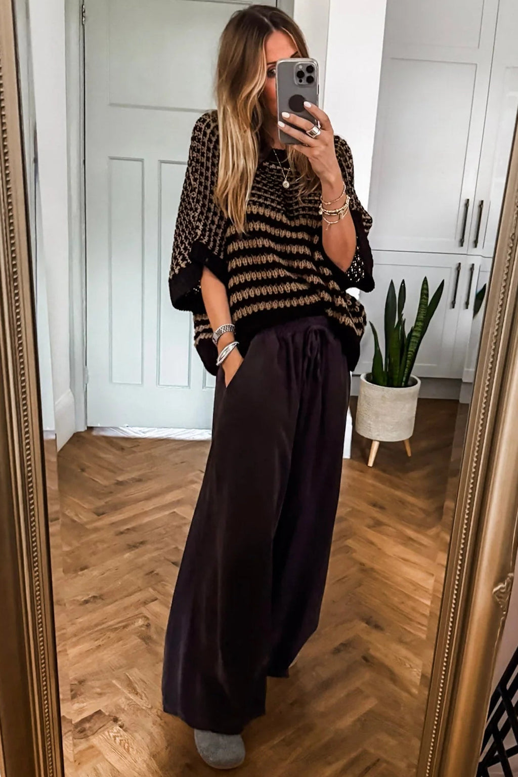 Red Stripe 3/4 Draped Sleeve Slouchy Sweater