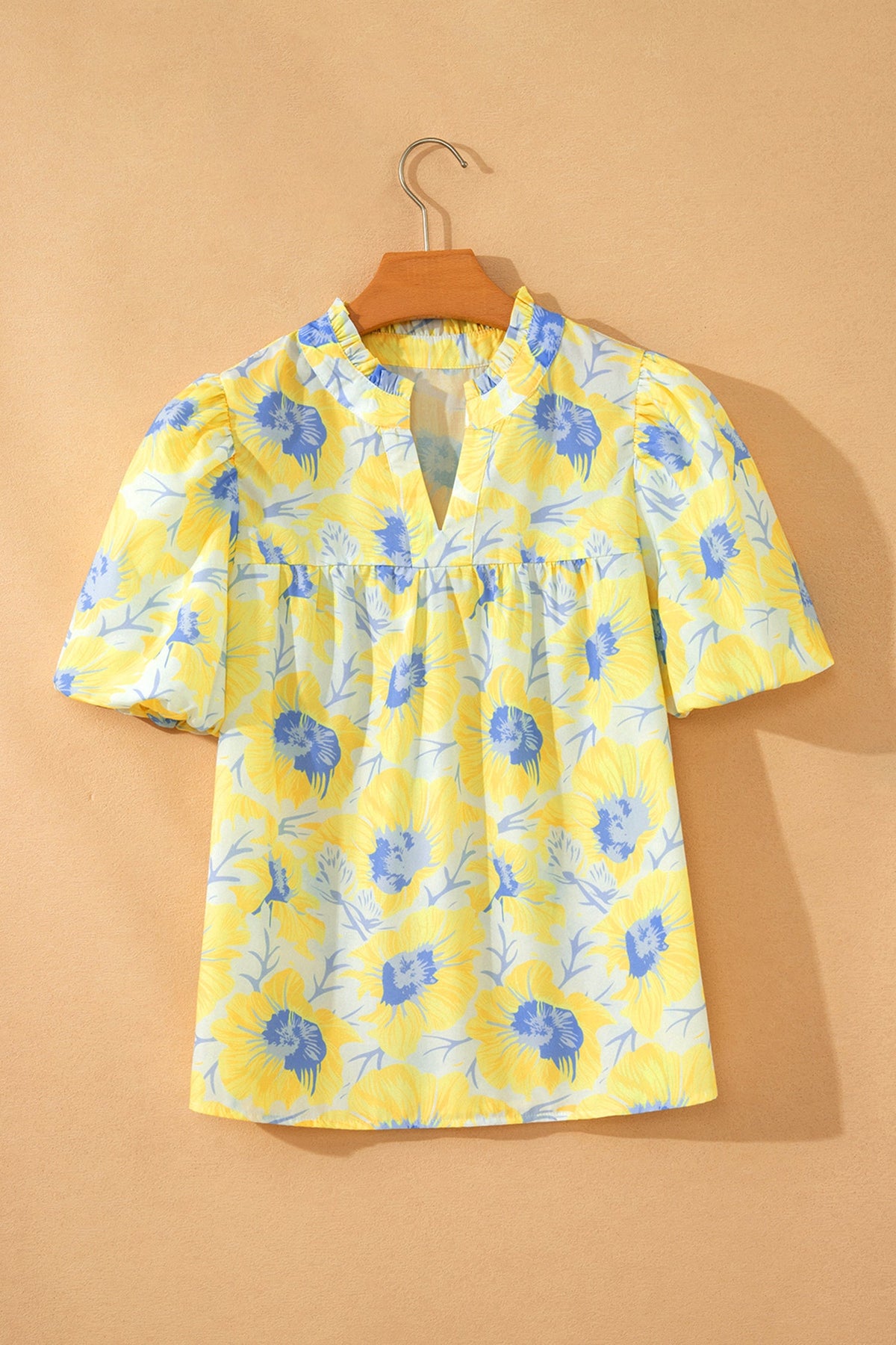 Yellow Short Bubble Sleeve Summer Floral Blouse