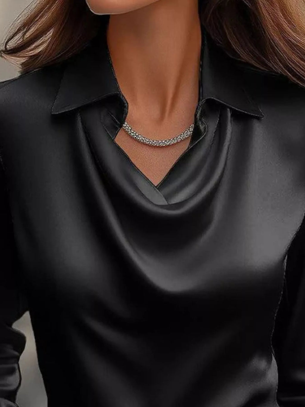 Full Size Satin Cowl Neck Long Sleeve Blouse Plus Size